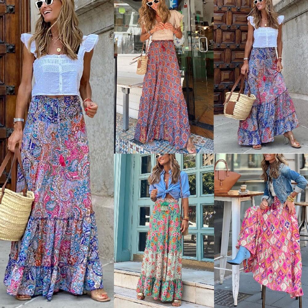 Blue Paisley‎ Print Long Flowy Tiered Maxi Skirt Womens size L Boho Peasant - Picture 2 of 5